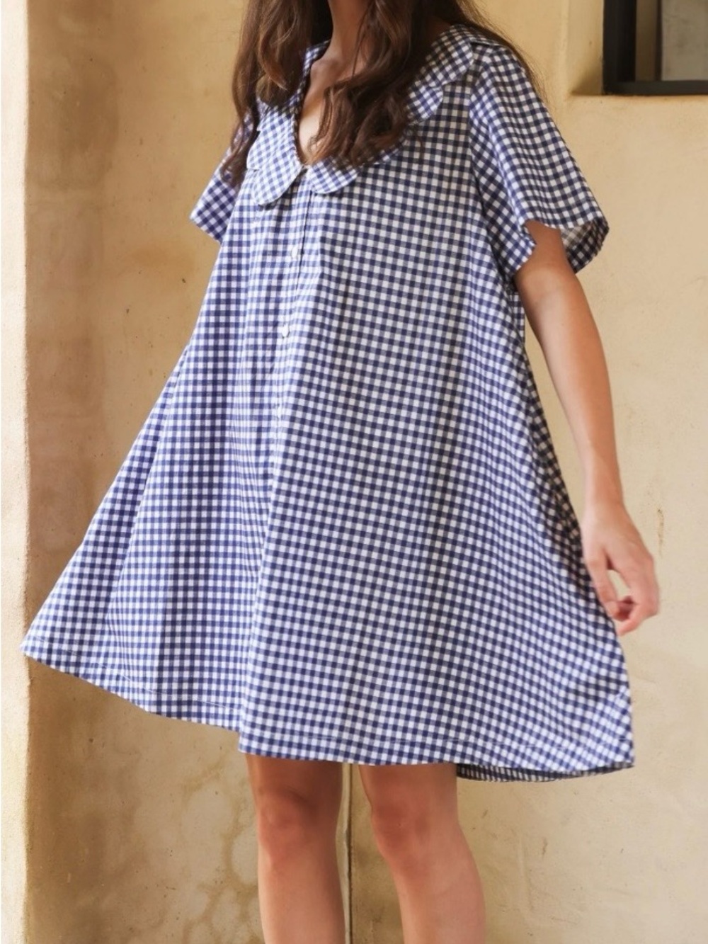 Blue Gingham Swing Dress with Peter Pan Collar for Kids